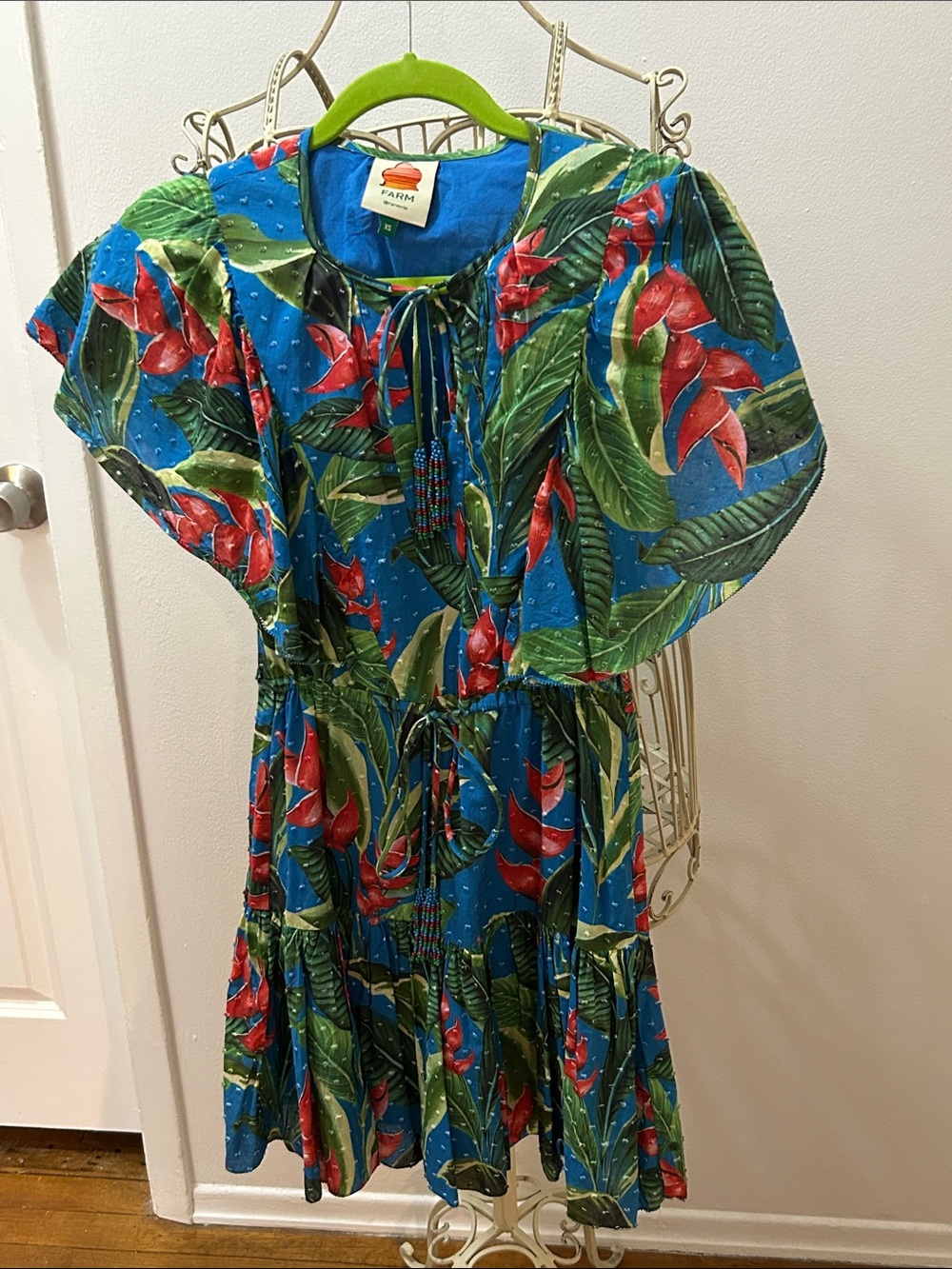 FARM Rio Blue Tropical Tie-Front Tiered Dress with Red Floral Accents